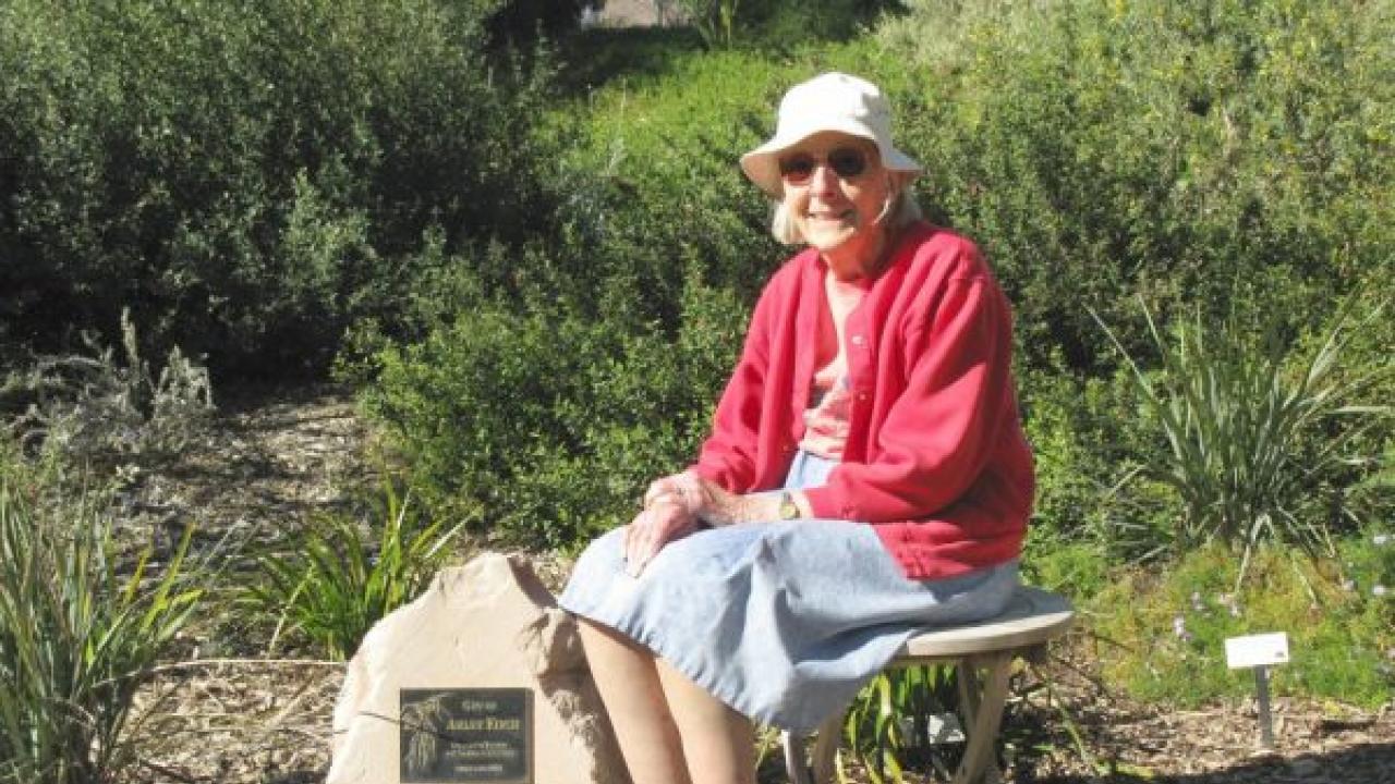 Gladys Cosens, long time Arboretum supporter, sits next to her brother Arley Firch’s memorial in our Australian / New Zealand collection. Arley’s memorial is located in the same area where renovations are currently taking place on the Waterway. Gladys Cosens