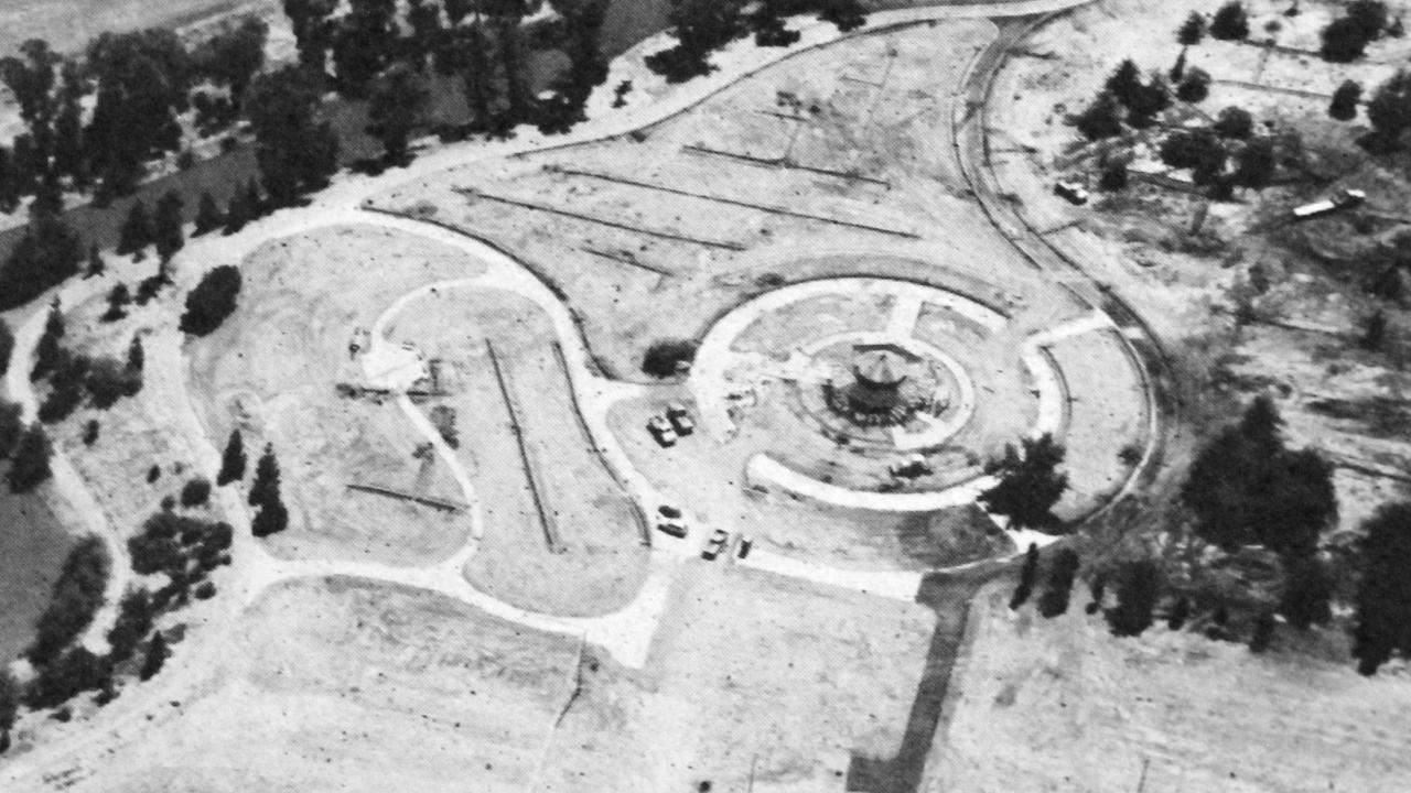 The Gazebo sits on a knoll overlooking the Arboretum waterway. Shields Oak Grove can be seen on the right, the Meditarrean Section to the left, and the sire of the Ruth Storer Garden between the Gazebo and Garrod Drive. (Photo by Steve Lynch) Aerial view of the gazebo construction site.